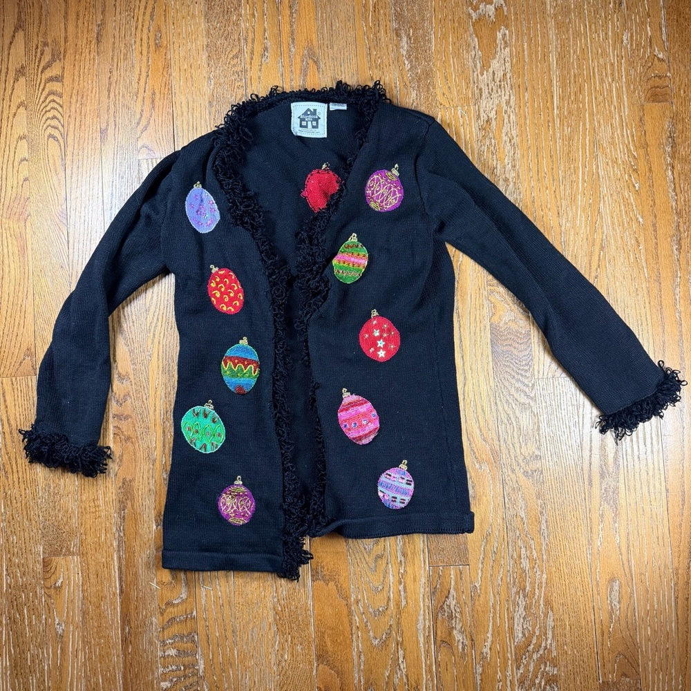 Storybook Knits Cardigan Sweater Womens XS Black Ugly Christmas Ornaments Fringe